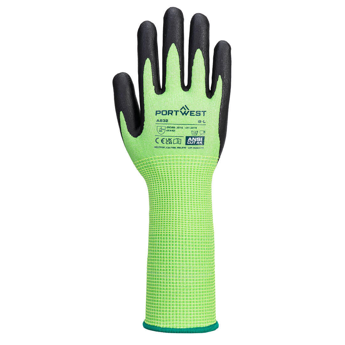 A632 Cut D13 Nitrile Green Long Cuff Glove Green/Black - Image 2