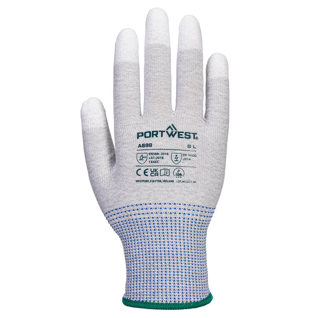 A698 MR13 ESD PU Fingertip Glove Grey/White - Image 2