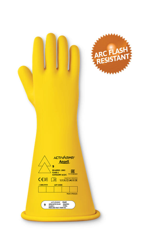 High Voltage Electrical Insulating Glove (Class 1) Yellow
