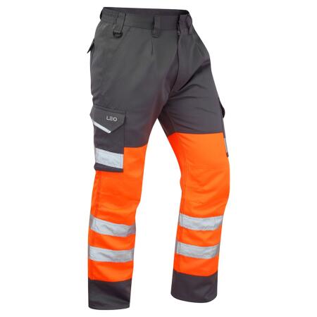 LEO Workwear BIDEFORD ISO 20471 Cl 1 Poly/Cotton Cargo Trouser HV ORANGE/GREY