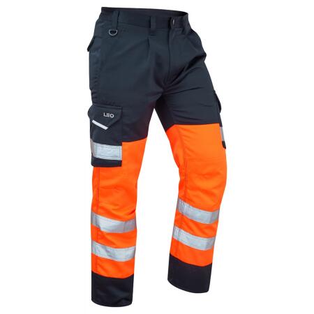 LEO Workwear BIDEFORD ISO 20471 Cl 1 Poly/Cotton Cargo Trouser HV ORANGE/NAVY