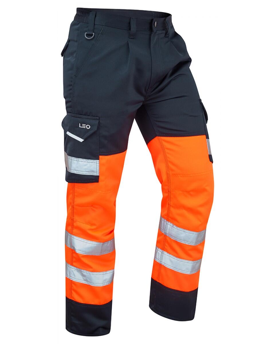 LEO Workwear BIDEFORD ISO 20471 Cl 1 Poly/Cotton Cargo Trouser HV ORANGE/NAVY