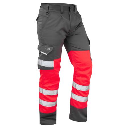 LEO Workwear BIDEFORD ISO 20471 Cl 1 Poly/Cotton Cargo Trouser HV RED/GREY