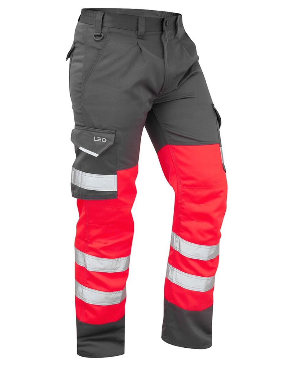 LEO Workwear BIDEFORD ISO 20471 Cl 1 Poly/Cotton Cargo Trouser HV RED/GREY
