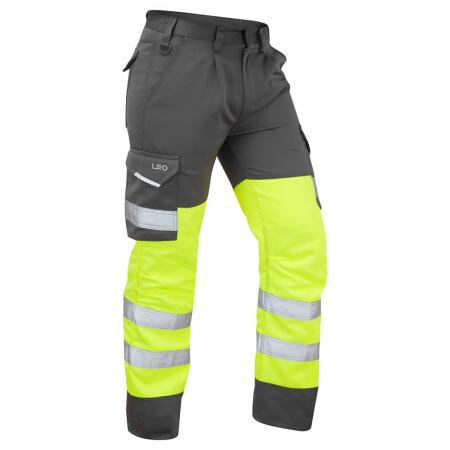 LEO Workwear BIDEFORD ISO 20471 Cl 1 Poly/Cotton Cargo Trouser HV YELLOW/GREY