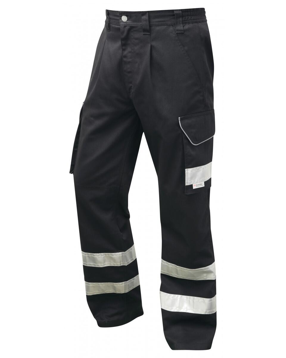 LEO Workwear ILFRACOMBE Cargo Style Reflective Poly/Cotton Trouser BLACK