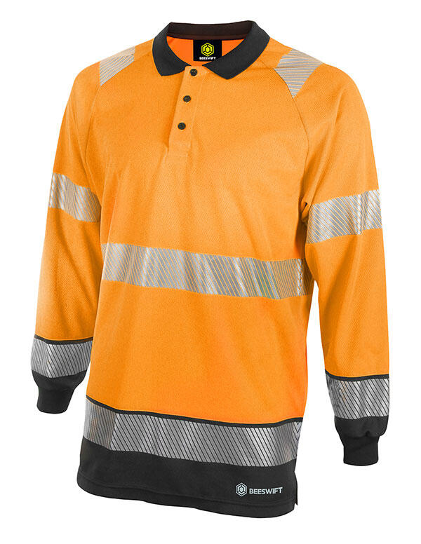 Beeswift Deltic Hi-Vis Two Tone Long Sleeve Polo Shirt Orange / Black