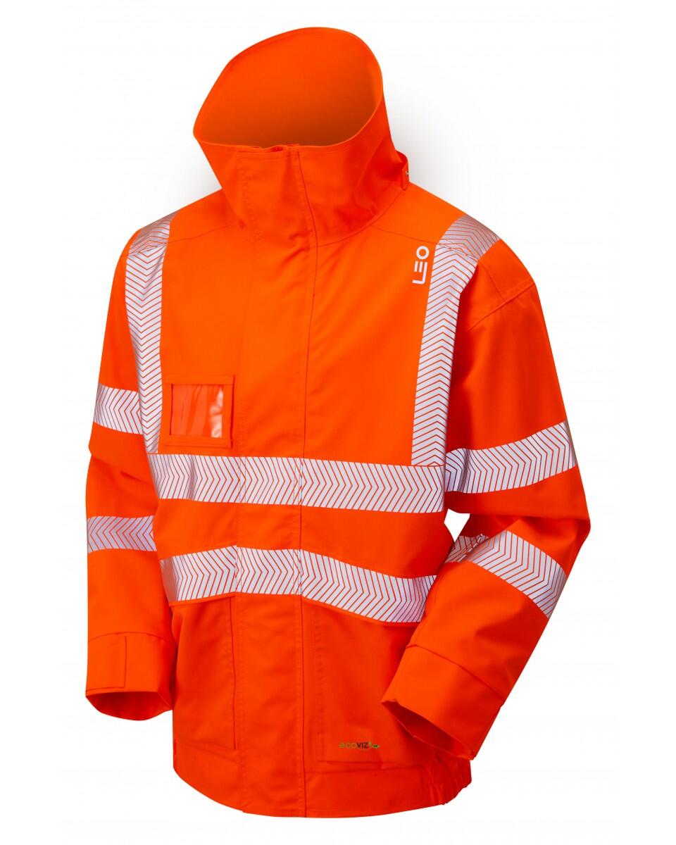 LEO Workwear DARTMOOR ISO 20471 Cl 3 EcoViz 10K Breathable Bomber Jacket HV ORANGE