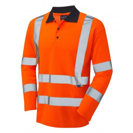 LEO Workwear SWIMBRIDGE ISO 20471 Cl 3 Comfort Sleeved Polo Shirt HV ORANGE