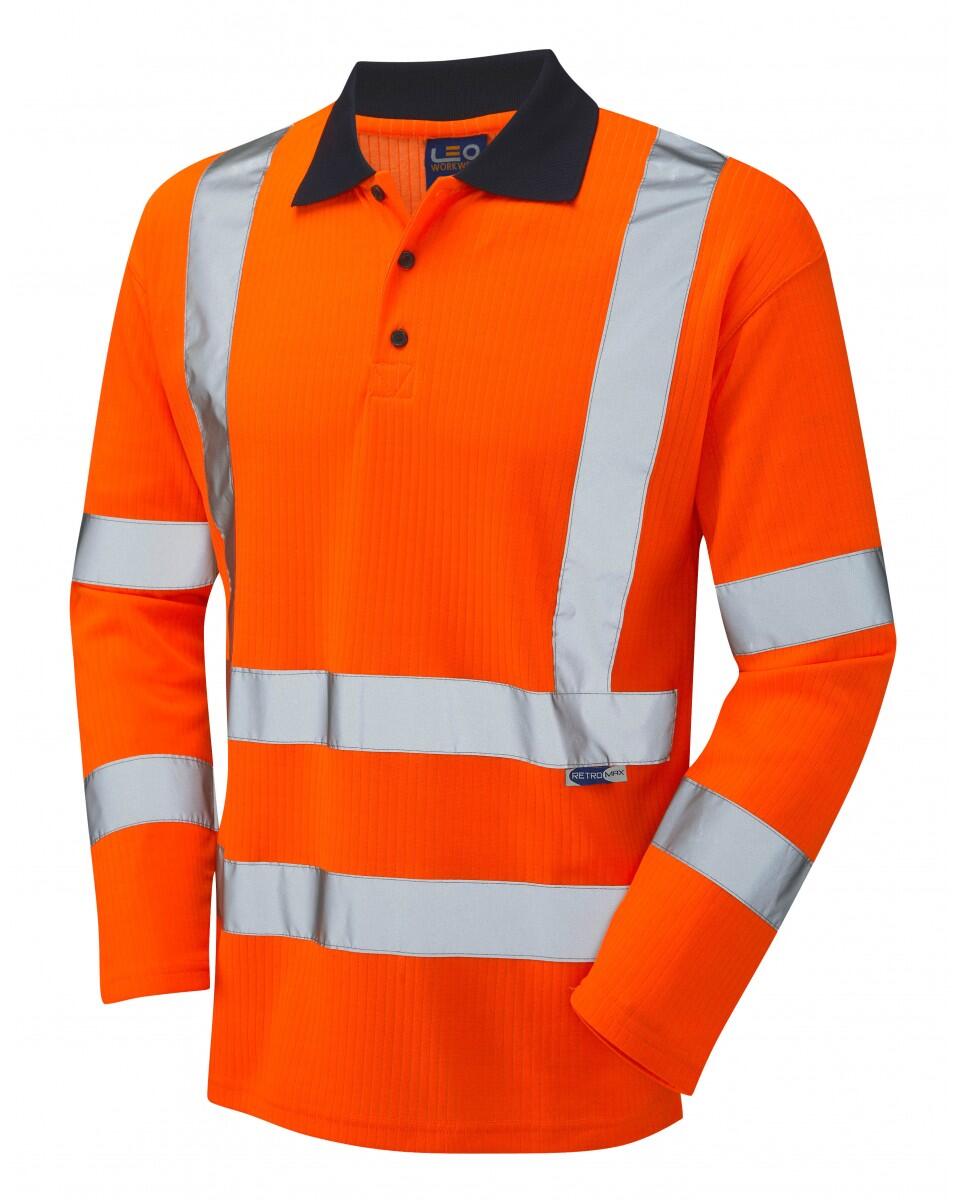 LEO Workwear SWIMBRIDGE ISO 20471 Cl 3 Comfort Sleeved Polo Shirt HV ORANGE