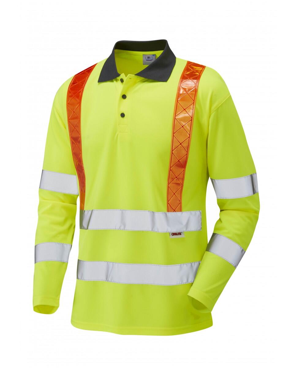 LEO Workwear BICKLETON ISO 20471 Cl 3 Orange Brace Coolviz Sleeved Polo Shirt (EcoViz) HV YELLOW