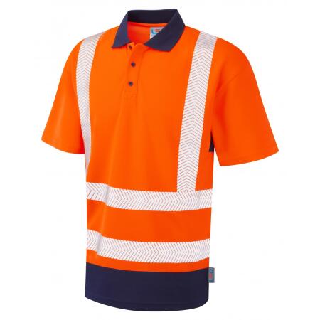 LEO Workwear MORTEHOE ISO 20471 Cl 2 Dual Colour Coolviz Plus Polo Shirt HV ORANGE/NAVY