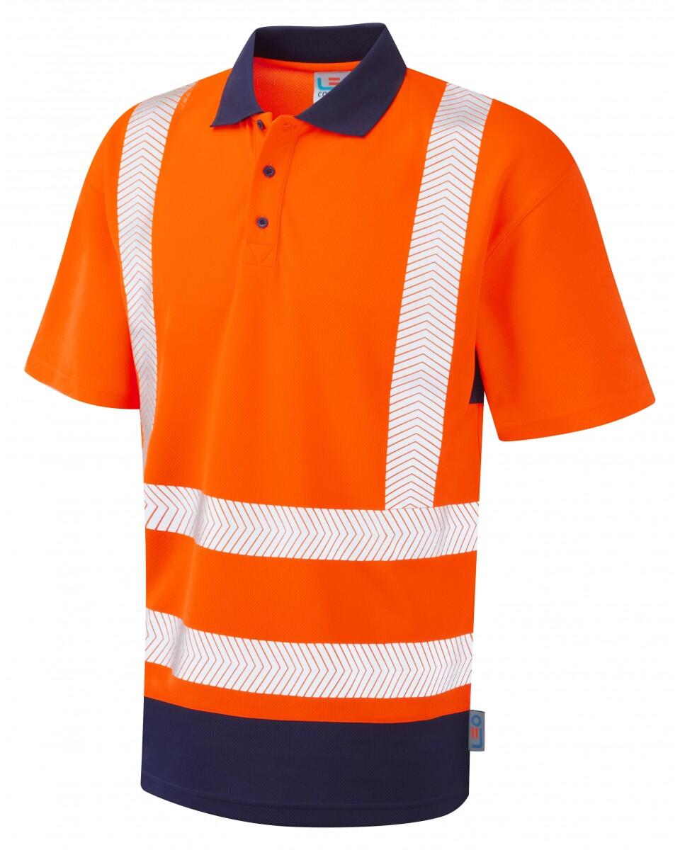 LEO Workwear MORTEHOE ISO 20471 Cl 2 Dual Colour Coolviz Plus Polo Shirt HV ORANGE/NAVY