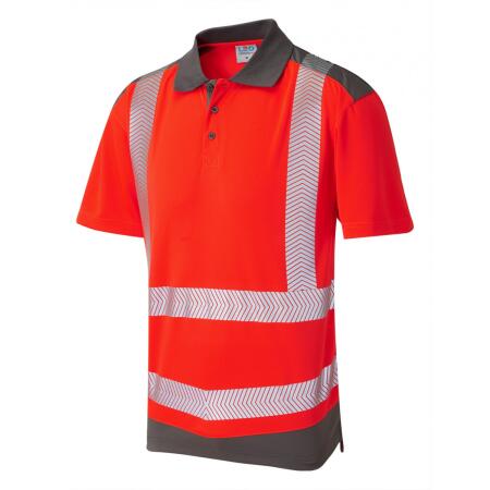 LEO Workwear PEPPERCOMBE ISO 20471 Class 2 Dual Colour Coolviz Plus Polo Shirt HV RED/GREY