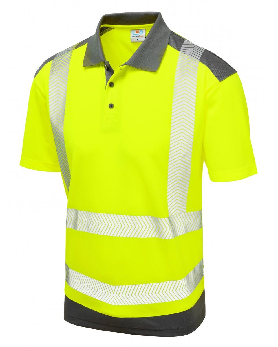 LEO Workwear PEPPERCOMBE ISO 20471 Class 2 Dual Colour Coolviz Plus Polo Shirt HV YELLOW/GREY