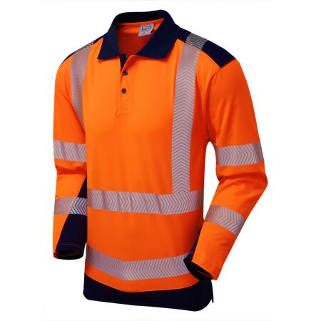 LEO Workwear WRINGCLIFF ISO 20471 Class 2 Dual Colour Coolviz Plus Sleeved Polo Shirt HV ORANGE/NAVY