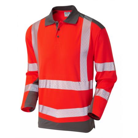 LEO Workwear WRINGCLIFF ISO 20471 Class 2 Dual Colour Coolviz Plus Sleeved Polo Shirt HV RED/GREY