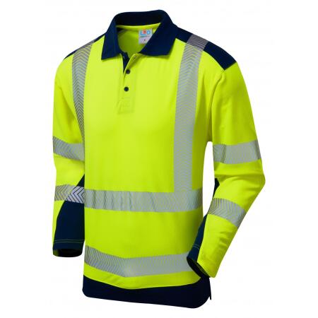 LEO Workwear WRINGCLIFF ISO 20471 Class 2 Dual Colour Coolviz Plus Sleeved Polo Shirt HV YELLOW/NAVY