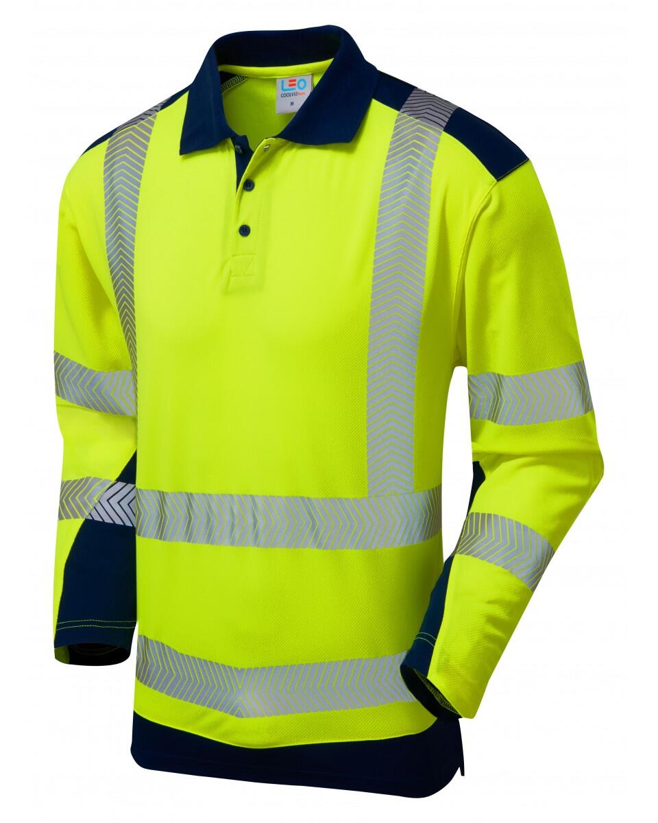 LEO Workwear WRINGCLIFF ISO 20471 Class 2 Dual Colour Coolviz Plus Sleeved Polo Shirt HV YELLOW/NAVY