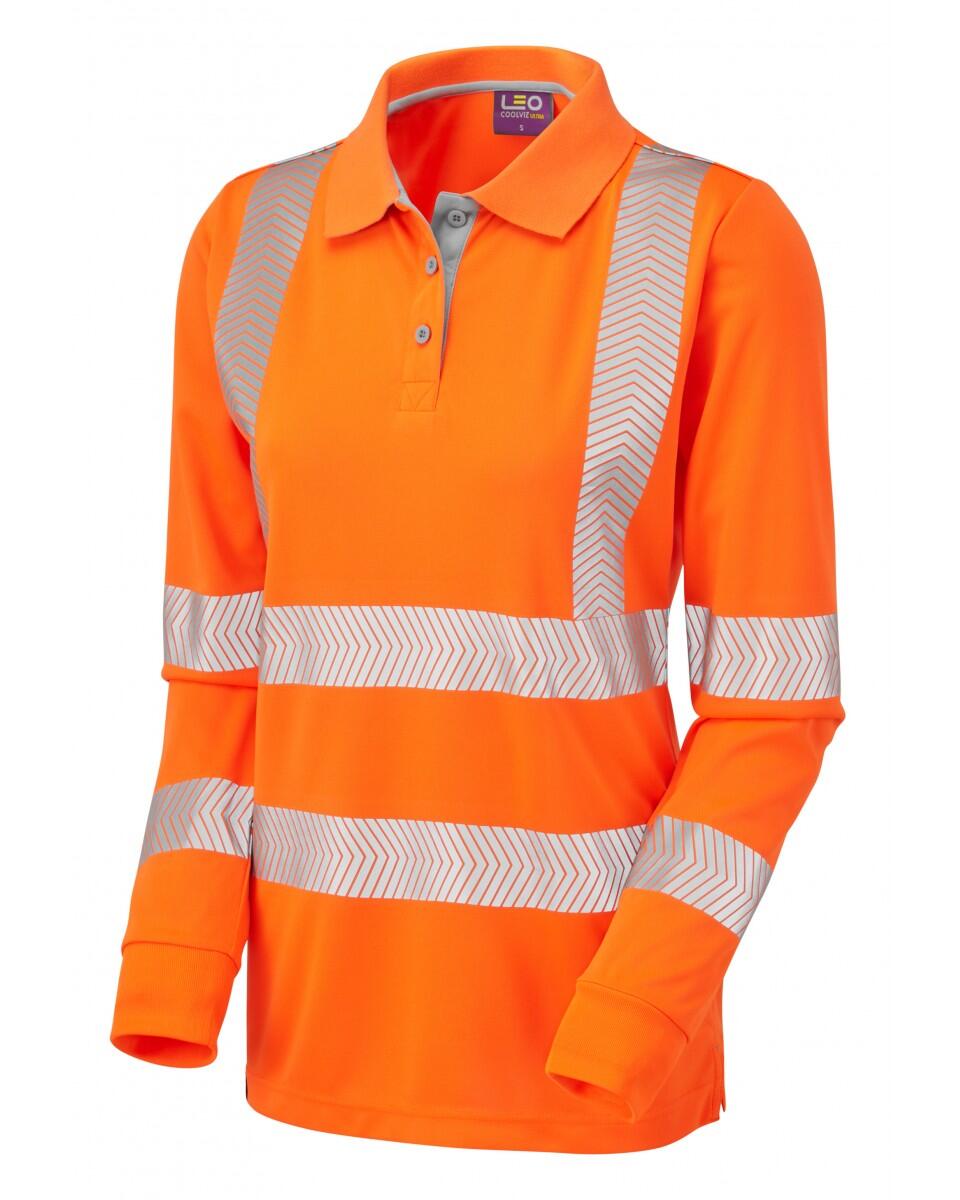 LEO Workwear POLLYFIELD ISO 20471 Cl 3 Coolviz Plus Women's Sleeved Polo Shirt HV ORANGE