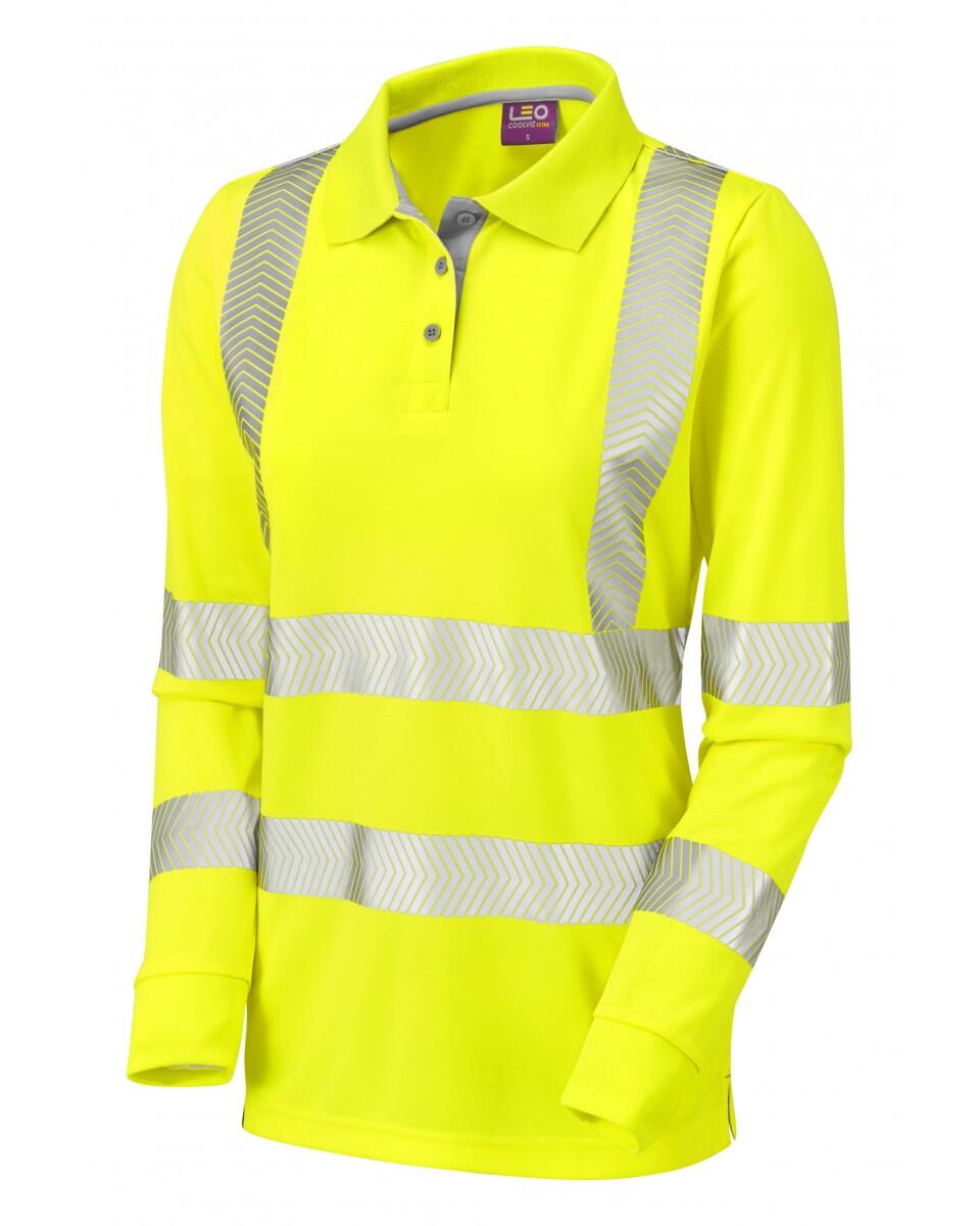LEO Workwear POLLYFIELD ISO 20471 Cl 3 Coolviz Plus Women's Sleeved Polo Shirt HV YELLOW