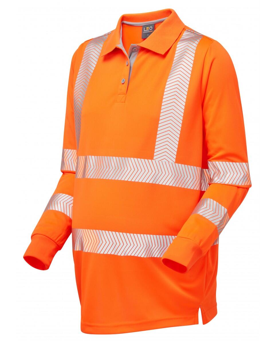 LEO Workwear YARNACOTT ISO 20471 Cl 2 Coolviz Ultra Maternity Long Sleeve Polo Shirt HV ORANGE