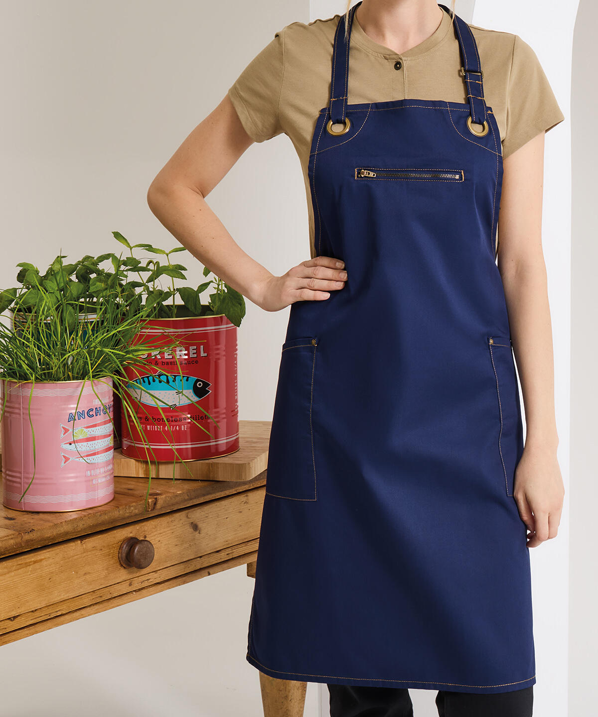 PR121 ‘Barley’ Contrast Stitch Bib Apron Blue - Image 2