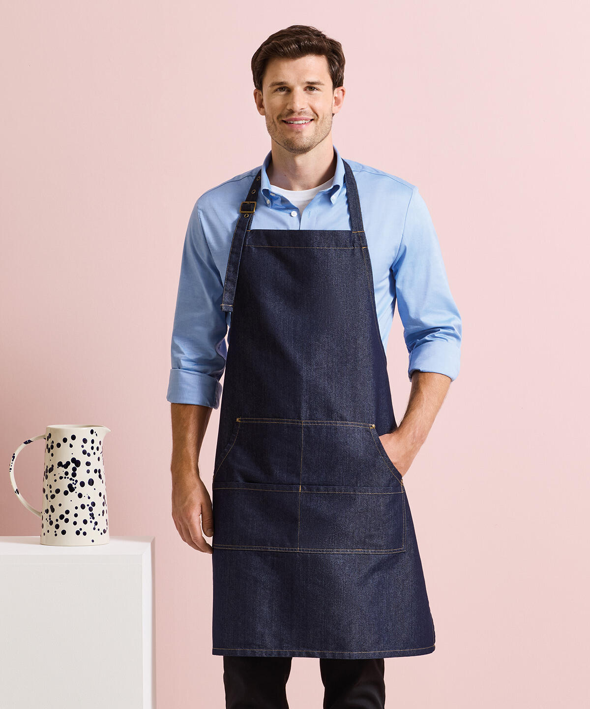 PR126 Jeans stitch bib apron Blue - Image 2