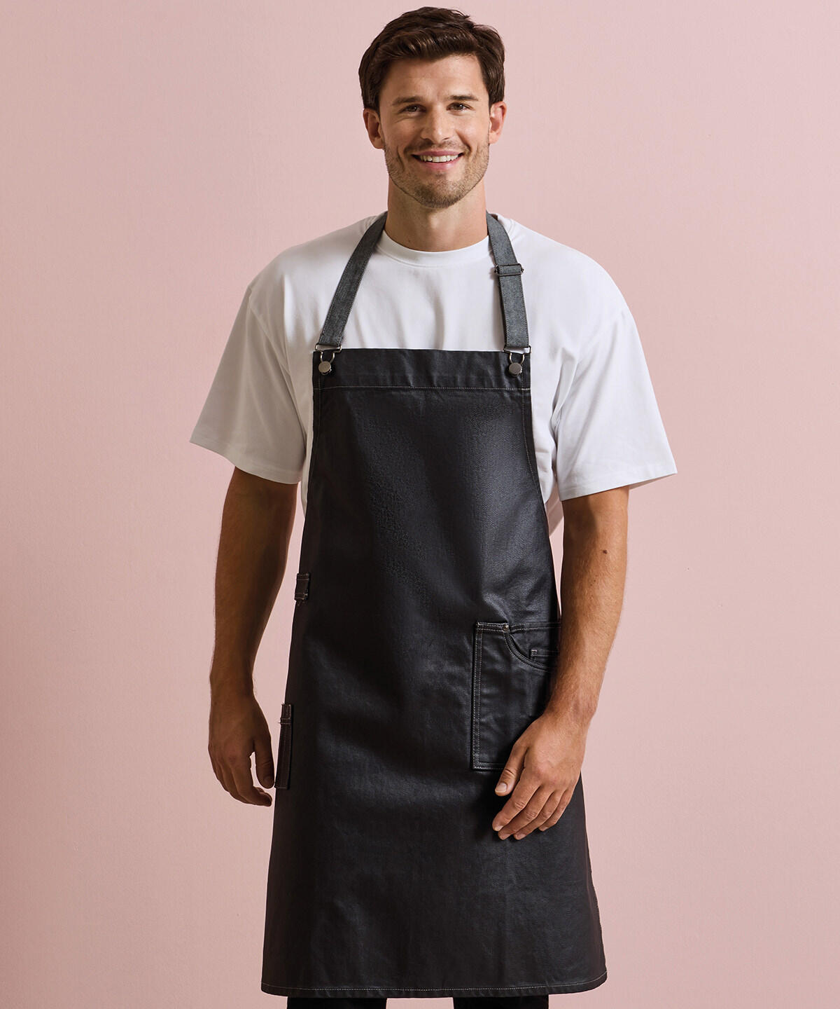 PR134 District waxed-look denim bib apron Black - Image 2