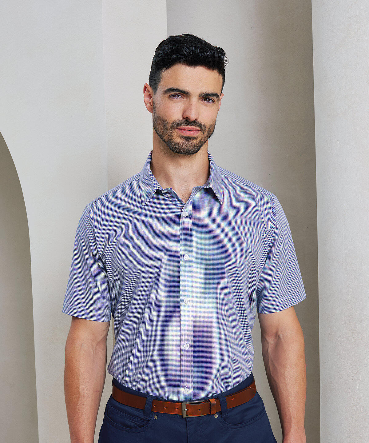 PR221 Microcheck (Gingham) short sleeve cotton shirt Pattern - Image 2