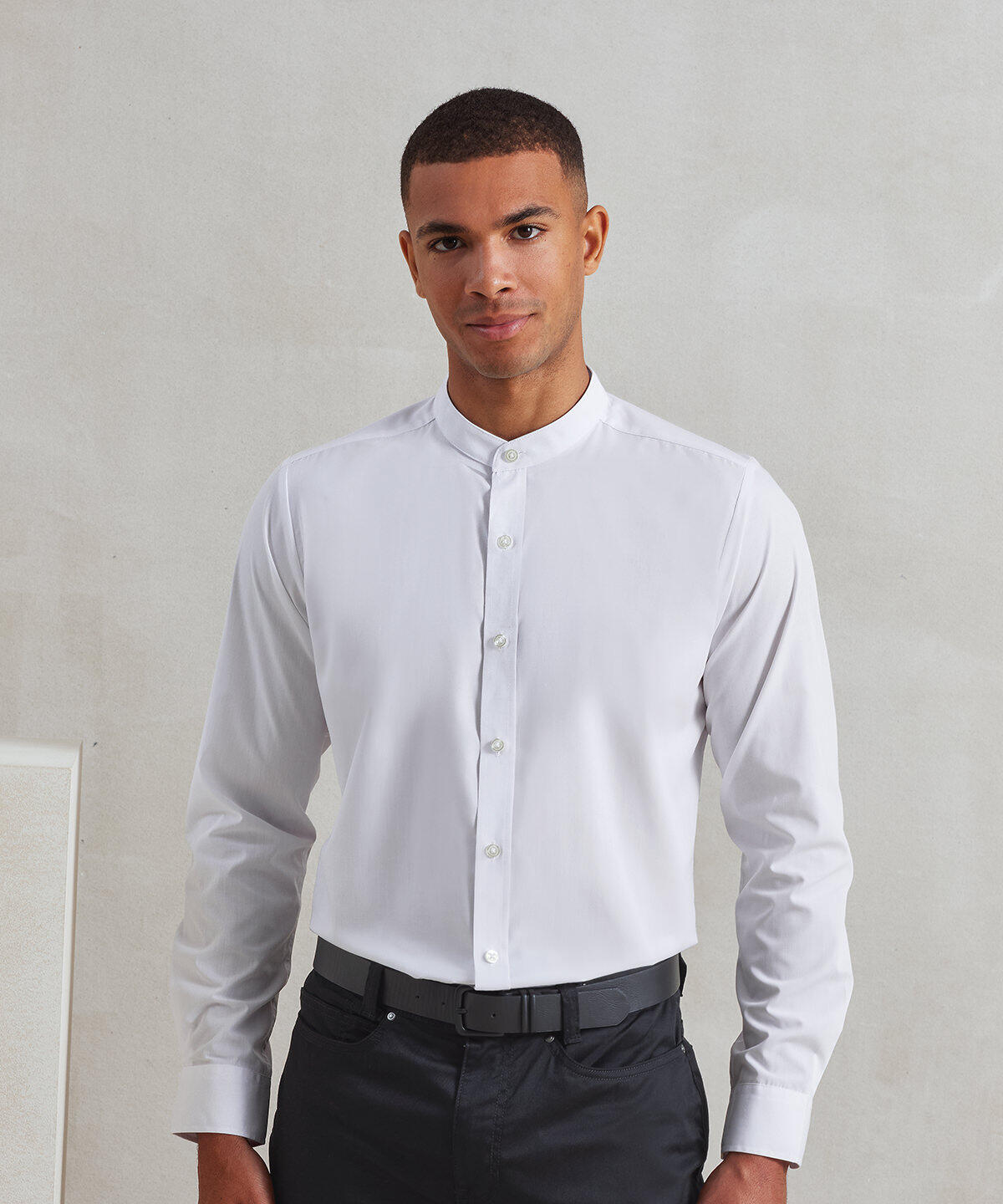 PR258 Banded collar grandad long sleeve shirt Black - Image 2