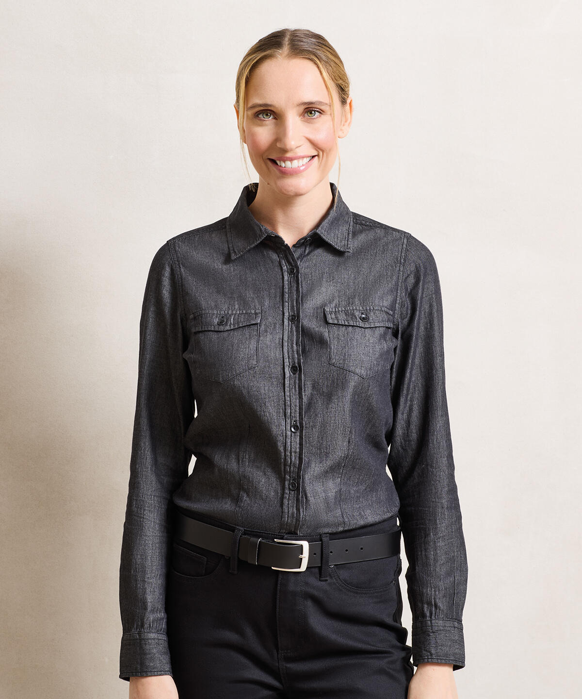 PR322 Women's jeans stitch denim shirt Blue - Image 2