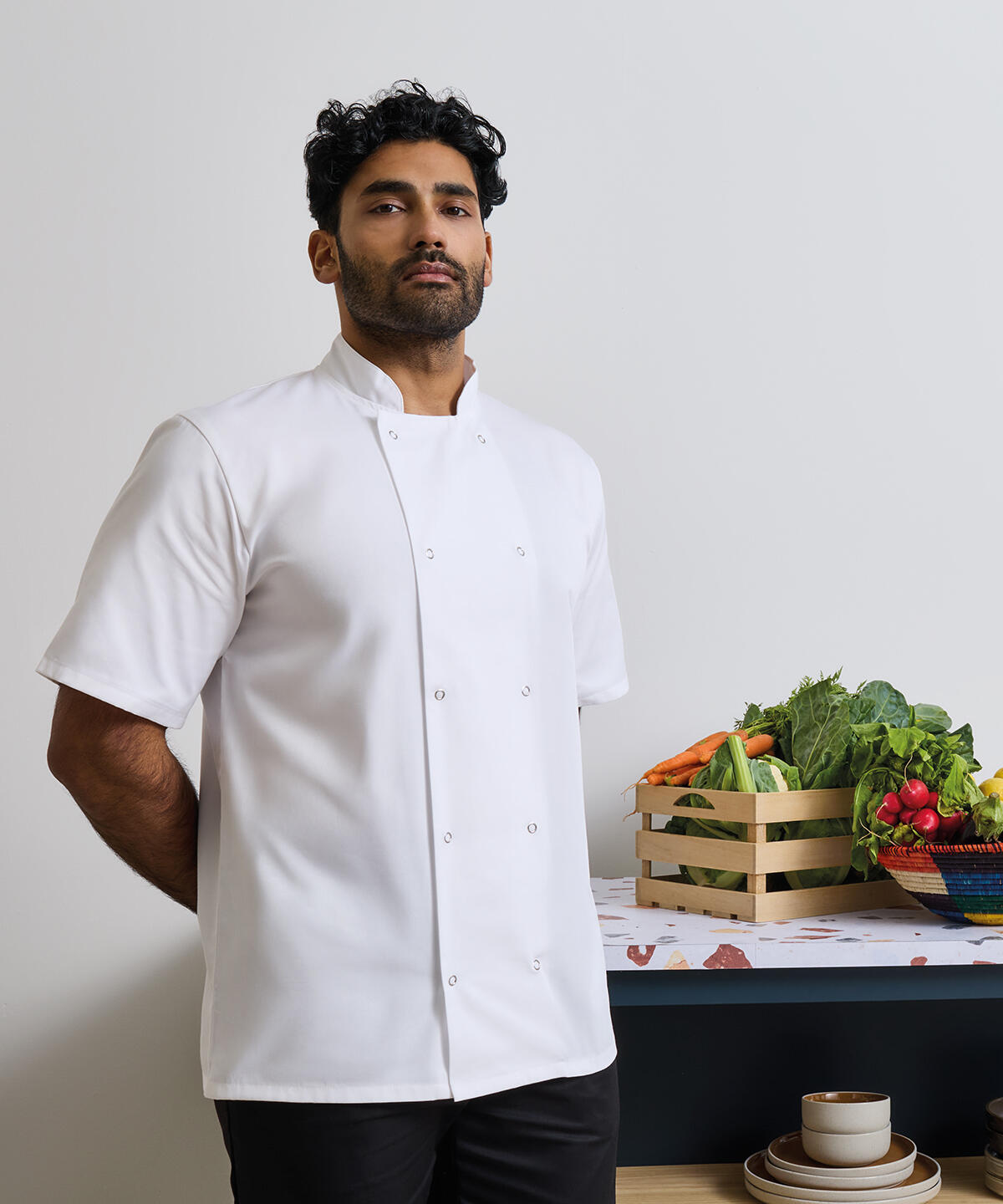 PR664 Studded front short sleeve chef's jacket Black - Image 2
