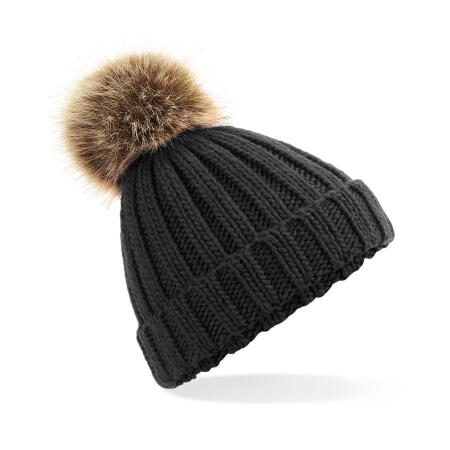 Beechfield Black Junior Faux Fur Pom Pom Chunky Beanie