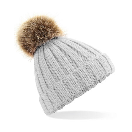 Beechfield Light Grey Junior Faux Fur Pom Pom Chunky Beanie