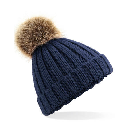 Beechfield Navy Junior Faux Fur Pom Pom Chunky Beanie