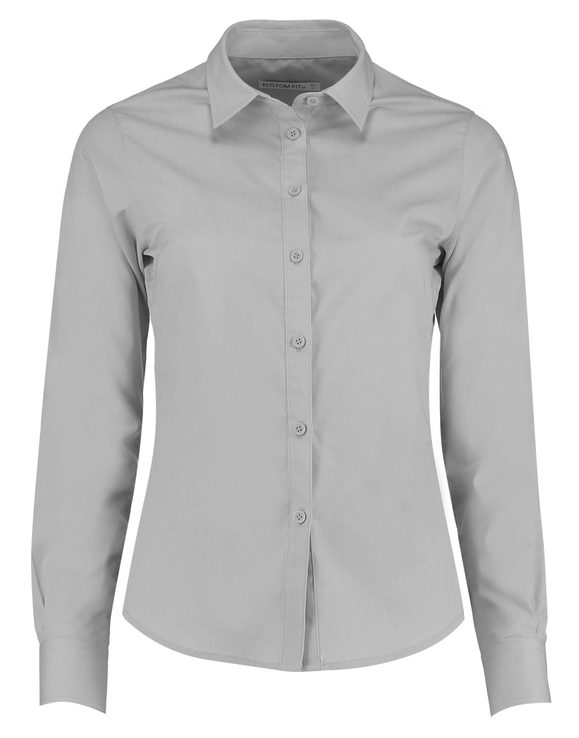 Kustom Kit Light Grey Tailored Long Sleeve Poplin Shirt
