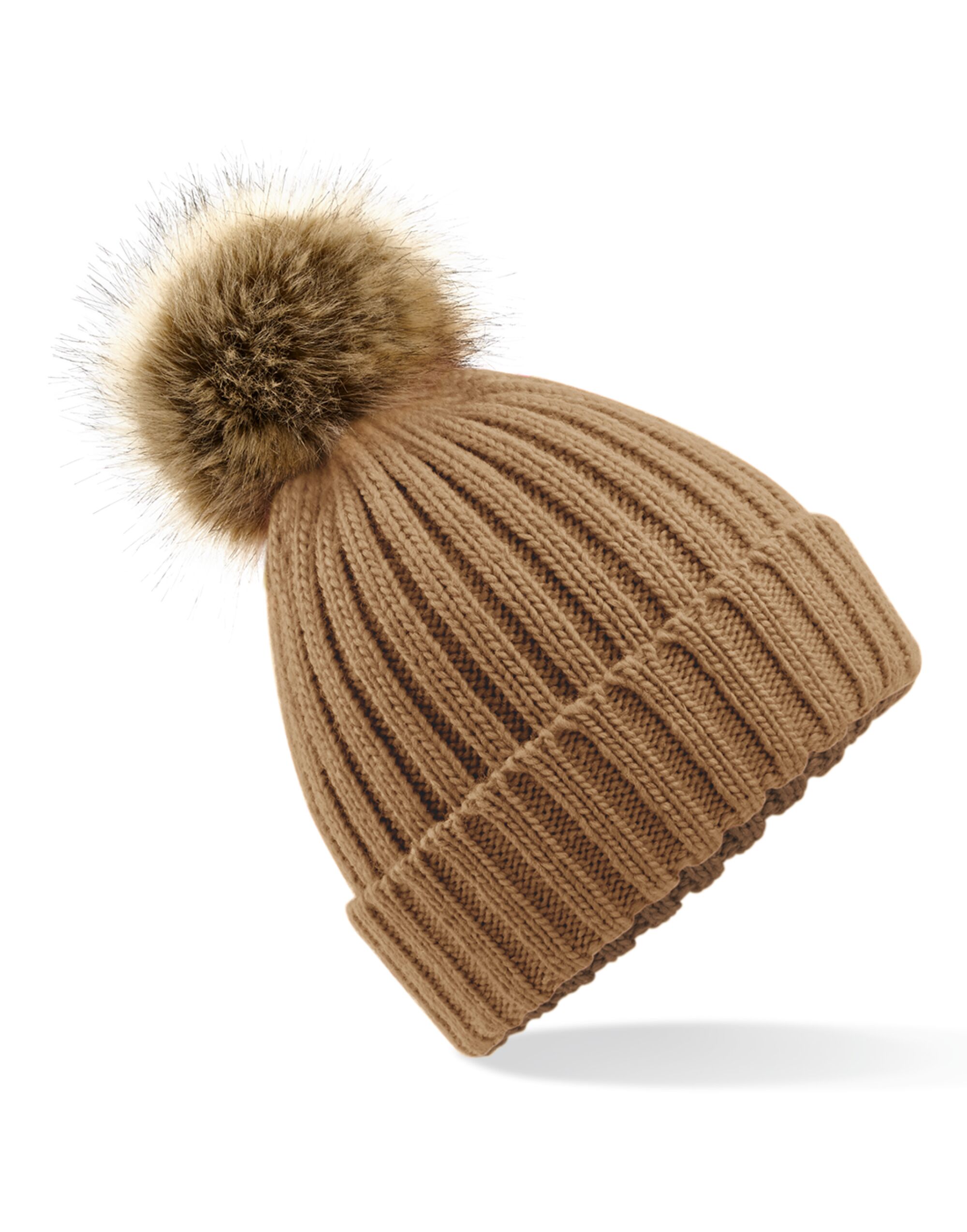B412 Faux Fur Pom Pom Chunky Beanie Biscuit