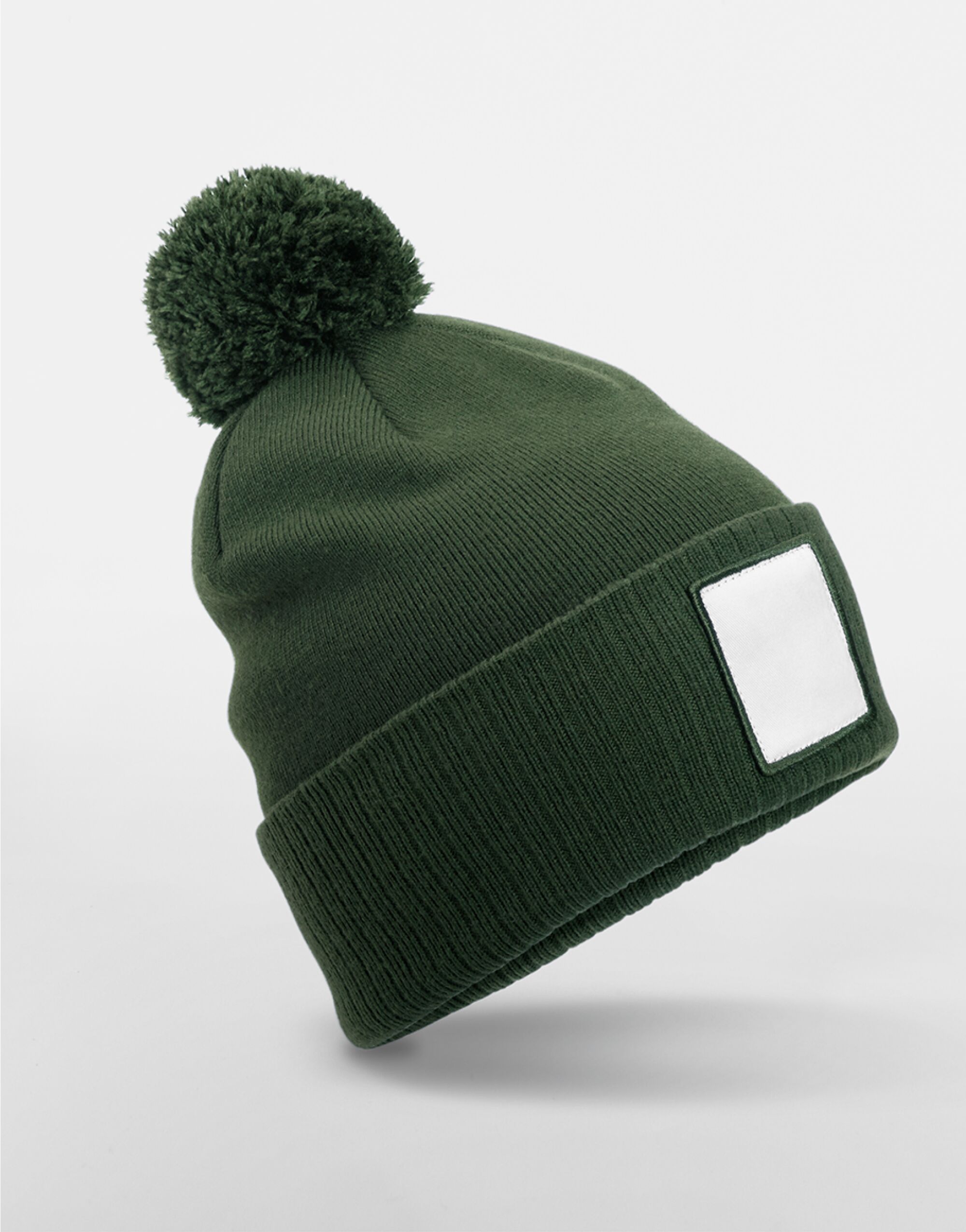 B338R Appliqué Patch Pom Beanie Olive Green/White