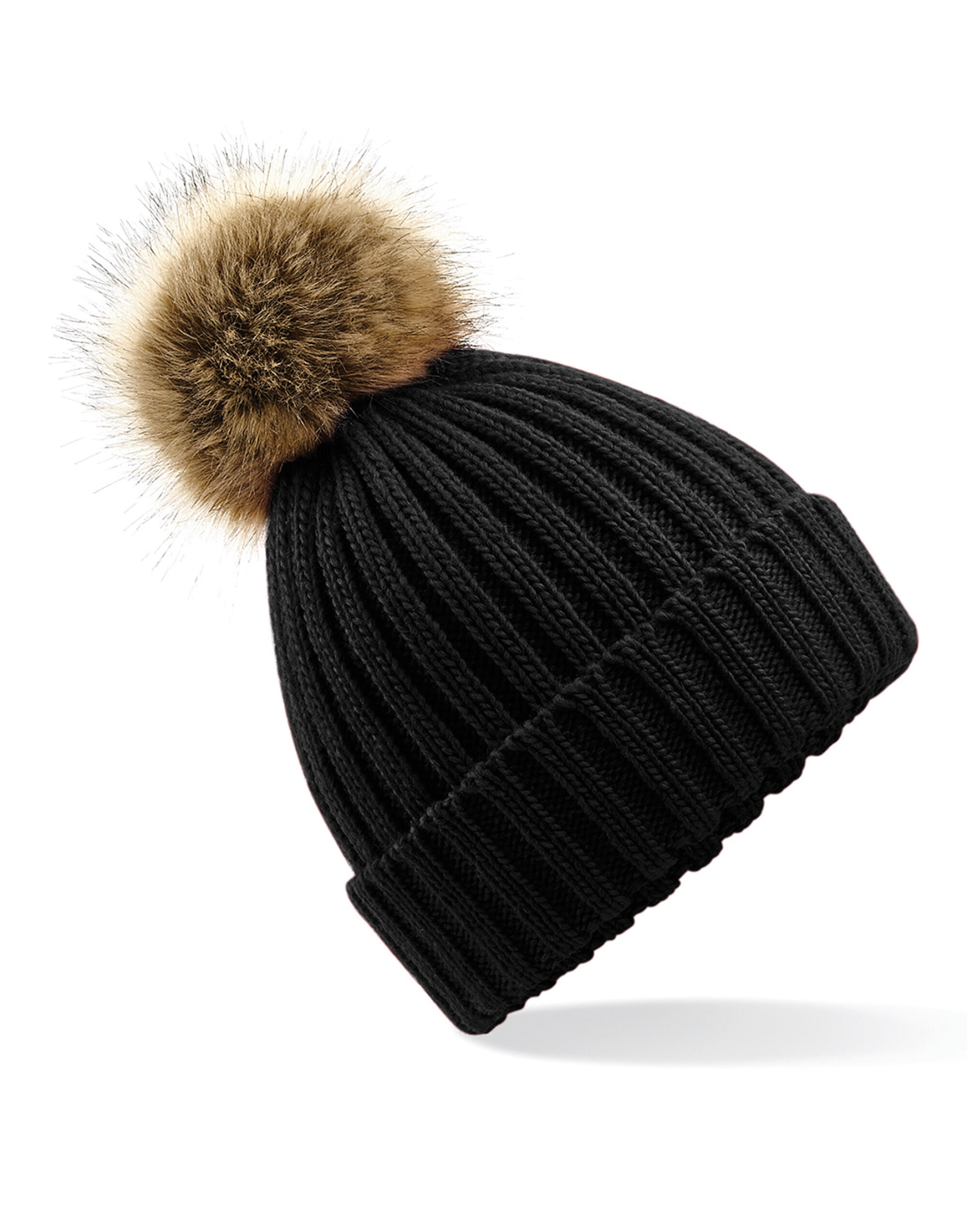 B412 Faux Fur Pom Pom Chunky Beanie Black
