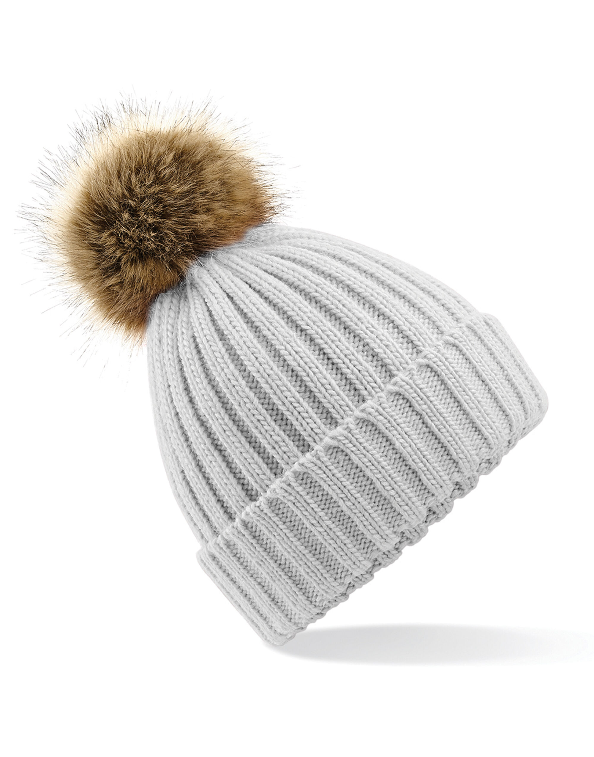 B412 Faux Fur Pom Pom Chunky Beanie Light Grey