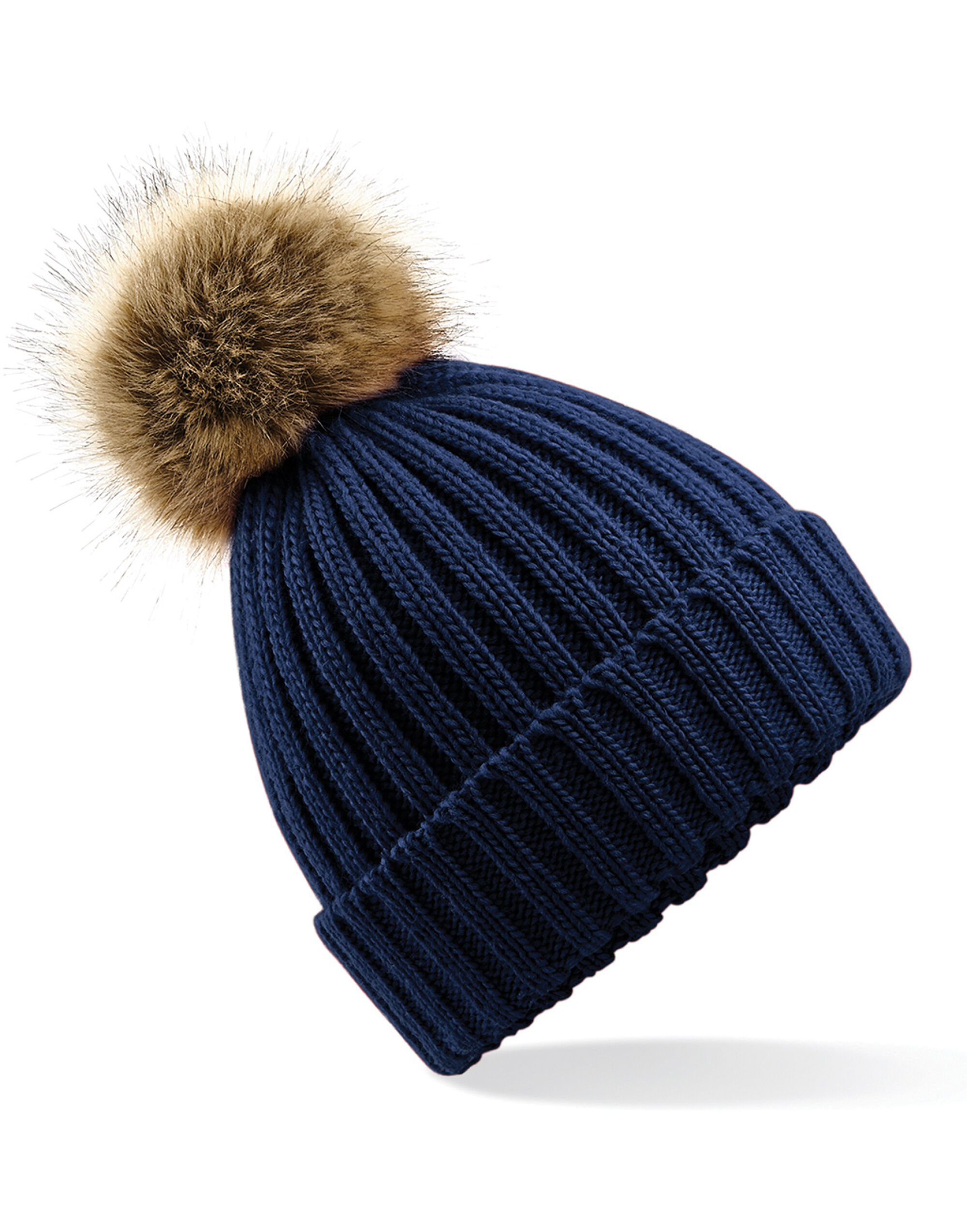 B412 Faux Fur Pom Pom Chunky Beanie Navy