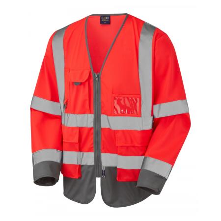LEO Workwear WRAFTON ISO 20471 Cl 3 Superior Sleeved Waistcoat HV RED/GREY