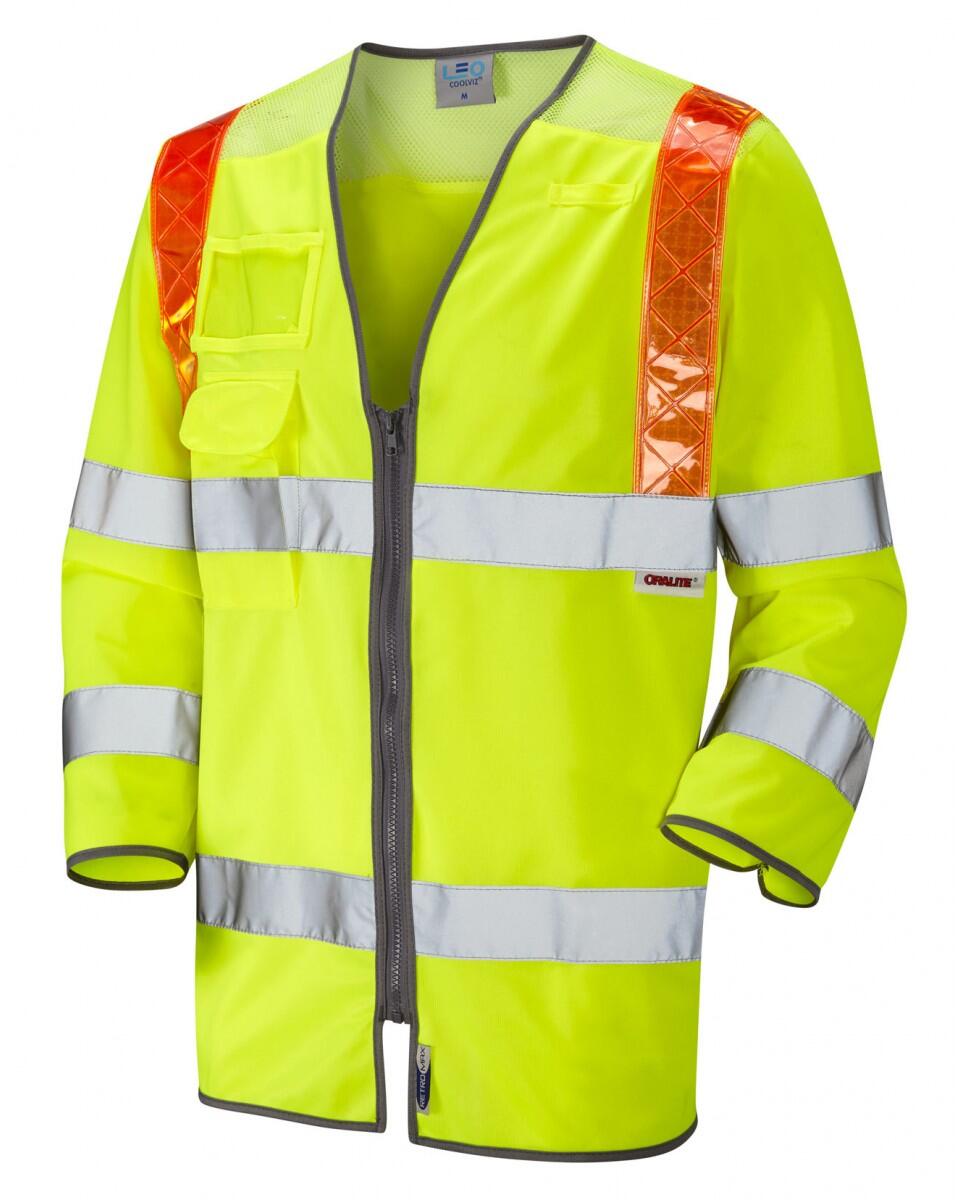 LEO Workwear TADDIPORT ISO 20471 Cl 3 Orange Brace 3/4 Sleeve Waistcoat HV YELLOW