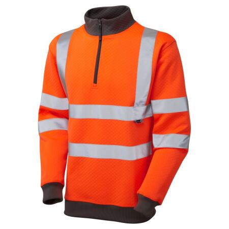 LEO Workwear BRYNSWORTHY ISO 20471 Cl 3 1/4 Zip Sweatshirt HV ORANGE