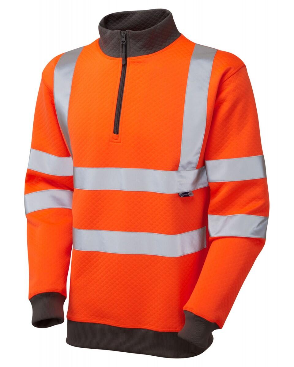 LEO Workwear BRYNSWORTHY ISO 20471 Cl 3 1/4 Zip Sweatshirt HV ORANGE
