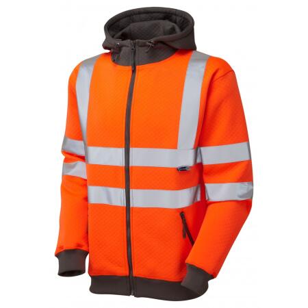 LEO Workwear SAUNTON ISO 20471 Cl 3 Full Zip Hooded Sweatshirt HV ORANGE
