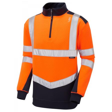 LEO Workwear TAPELEY ISO 20471 Cl 2 EcoViz PC Dual Colour 1/4 Zip Sweatshirt HV ORANGE/NAVY