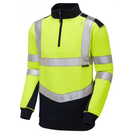 LEO Workwear TAPELEY ISO 20471 Cl 2 EcoViz PC Dual Colour 1/4 Zip Sweatshirt HV YELLOW/NAVY