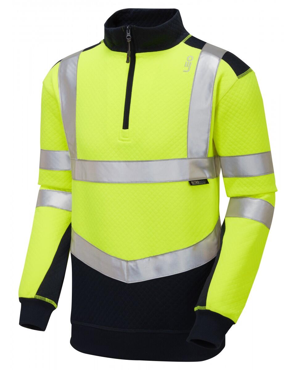 LEO Workwear TAPELEY ISO 20471 Cl 2 EcoViz PC Dual Colour 1/4 Zip Sweatshirt HV YELLOW/NAVY